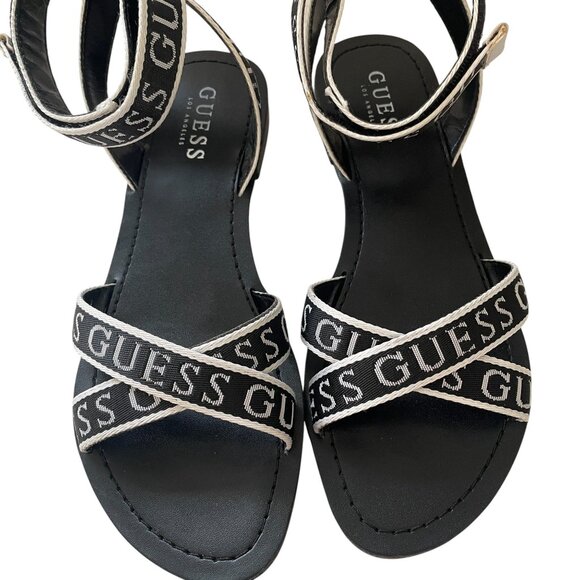 Guess Black White Logo Ankle Strap Flat Sandals Casual Summer Trendy Size 7M - Picture 13 of 13